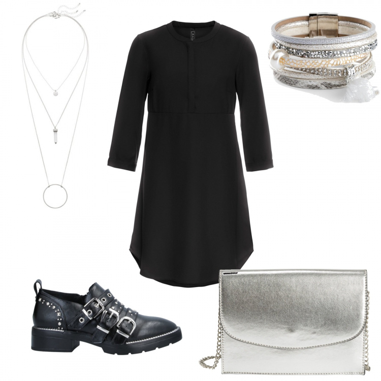 Outfit donna - Silver rock. Stile Rock per Serata fuori. Abbinamento con vestiti, braccialetto, ciondoli, pochette, mocassini.