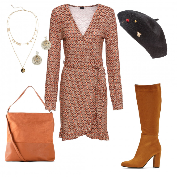 Outfit donna - Bella con poco. Stile Urban per Tutti i giorni. Abbinamento con cappelli e berretti, vestito, stivali, shopping bag, orecchini.