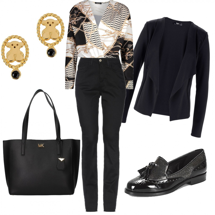 Outfit donna - Cambridge. Stile Bon Ton per Ufficio. Abbinamento con blazer, jeans, orecchini, top, borsa a spalla, scarpa.