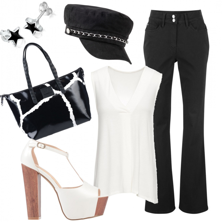 Outfit donna - Black and white. Stile Trendy per Serata fuori. Abbinamento con top, pantaloni, berretti, sandali con tacco, borsa a mano, orecchini.