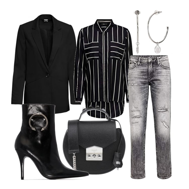 Outfit donna - Un po\' maschile. Stile Trendy per Tutti i giorni. Abbinamento con borsa a mano, blazer, stivaletti, camicie, orecchini, jeans boyfriend grigio.
