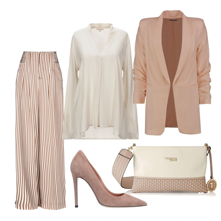 Outfit donna - Charme. Stile Chic per Tutti i giorni. Abbinamento con pantalone lungo, bluse, décolleté, blazer, pochette.