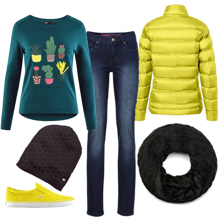 Outfit donna - Praticità. Stile Basic per Tutti i giorni. Abbinamento con berretti, jeans skinny, scarpe, giacca, felpa con cappuccio, sciarpa.
