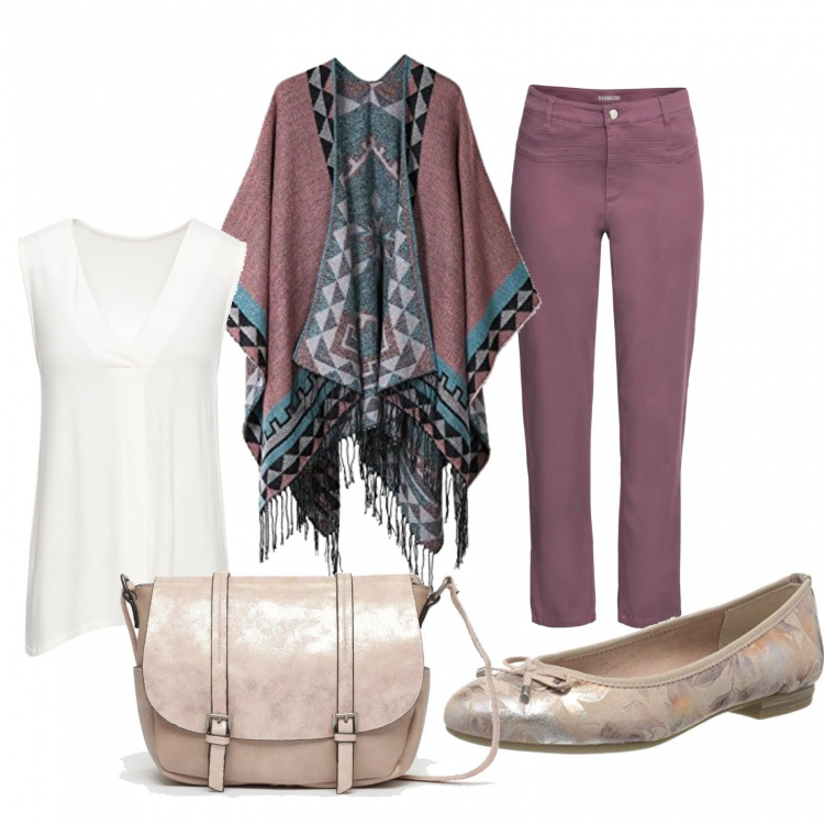 Outfit donna - Trendy #14619. Stile Trendy per Tutti i giorni. Abbinamento con top, pantalone lungo, poncio, ballerine, borsa a tracolla con taschini effetto metallizzato con zip rosa.