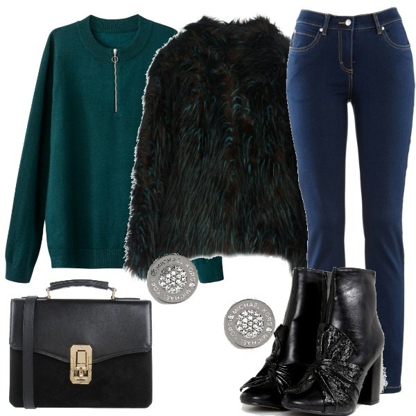 Outfit donna - Pelliccia ecologica. Stile Trendy per Ufficio. Abbinamento con jeans dritti, ecopelliccia.