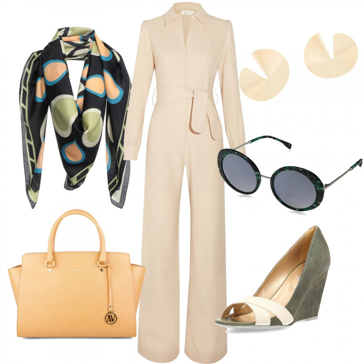 Outfit donna - Jumpsuit. Stile Chic per Cerimonia. Abbinamento con borsa a mano, orecchini mini in ottone oro, tute, foulard, sandali, occhiali da sole.