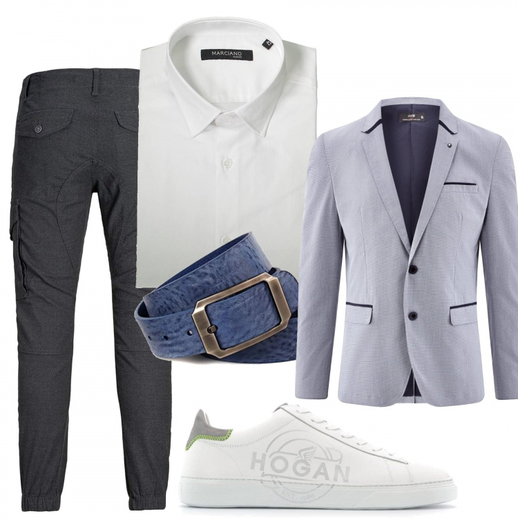 Outfit uomo - Business/Elegante #1061. Stile Business/Elegante per Ufficio. Abbinamento con sneakers, giacche, pantaloni cargo, cinture, camicie.