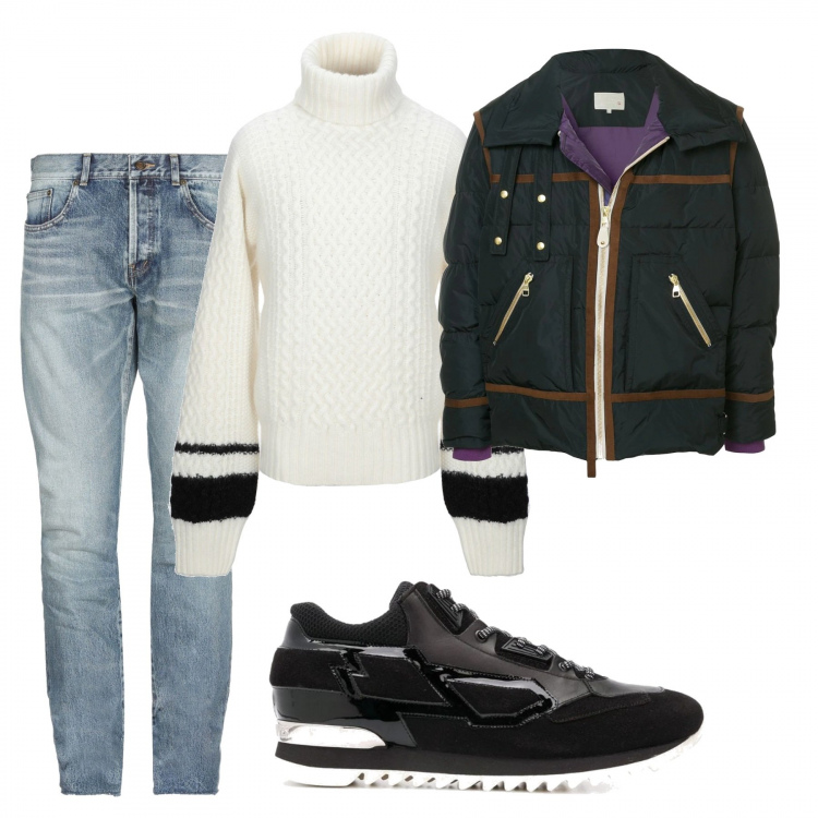 Outfit uomo - Urban #2491. Stile Urban per Tutti i giorni. Abbinamento con sneakers, piumino, jeans effetto strappato contrasto delavé in denim tinta unita.