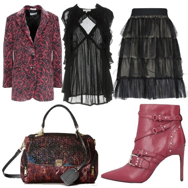 Outfit mujer - Trendy excéntrico ceremonia. Estilo Trendy para Ceremonia. Combinación con bolsos de mano, top, minifaldas, botines, giacca.