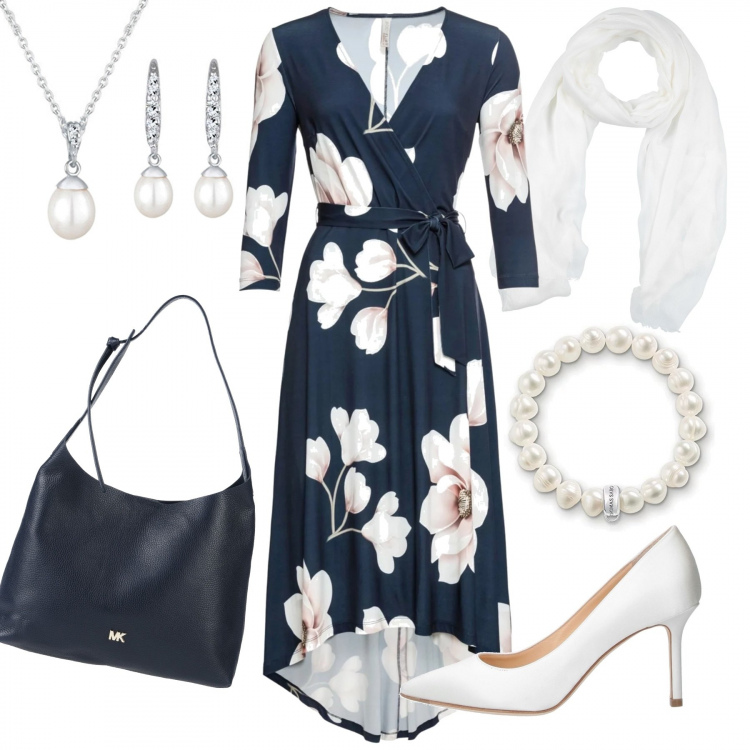 Outfit donna - L\'abito a fiori. Stile Bon Ton per Ufficio. Abbinamento con vestiti lunghi, décolleté, borsa a spalla, foulard, braccialetti.