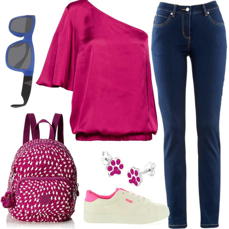 Outfit donna - Casual jeans. Stile Urban per Tutti i giorni. Abbinamento con jeans dritti, vestiti, zaini, orecchini, sneakers, occhiali da sole.