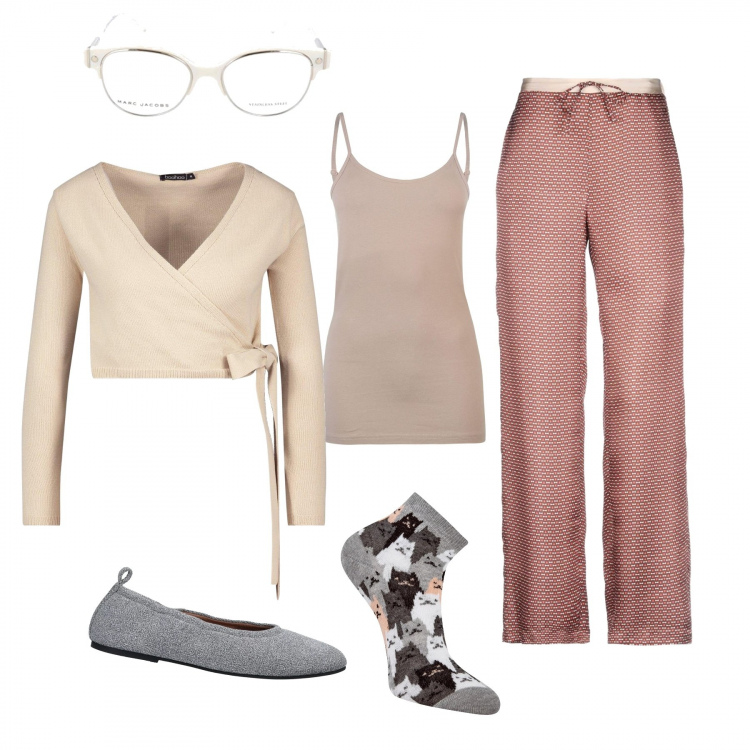 Outfit donna - In casa comodamente. Stile Basic per Tutti i giorni. Abbinamento con pantalone lungo, ballerine, cardigan, occhiali da sole bianco, calzini, canottiere.