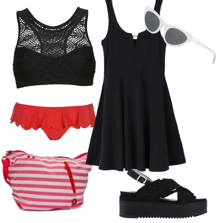 Outfit donna - Ci vediamo in spiaggia. Stile Trendy per Mare. Abbinamento con top, sandali, occhiali da sole, vestito, borsa a spalla, costumi.
