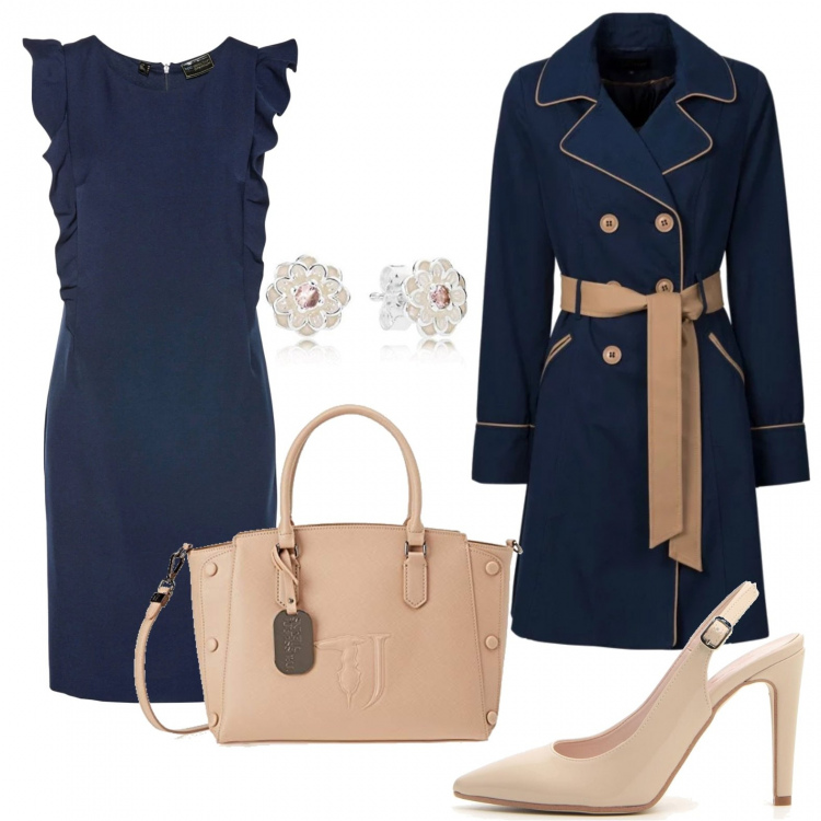 Outfit donna - Blue & Beige. Stile Bon Ton per Ufficio. Abbinamento con trench, vestiti a tubino, décolleté, borse tote, orecchini.