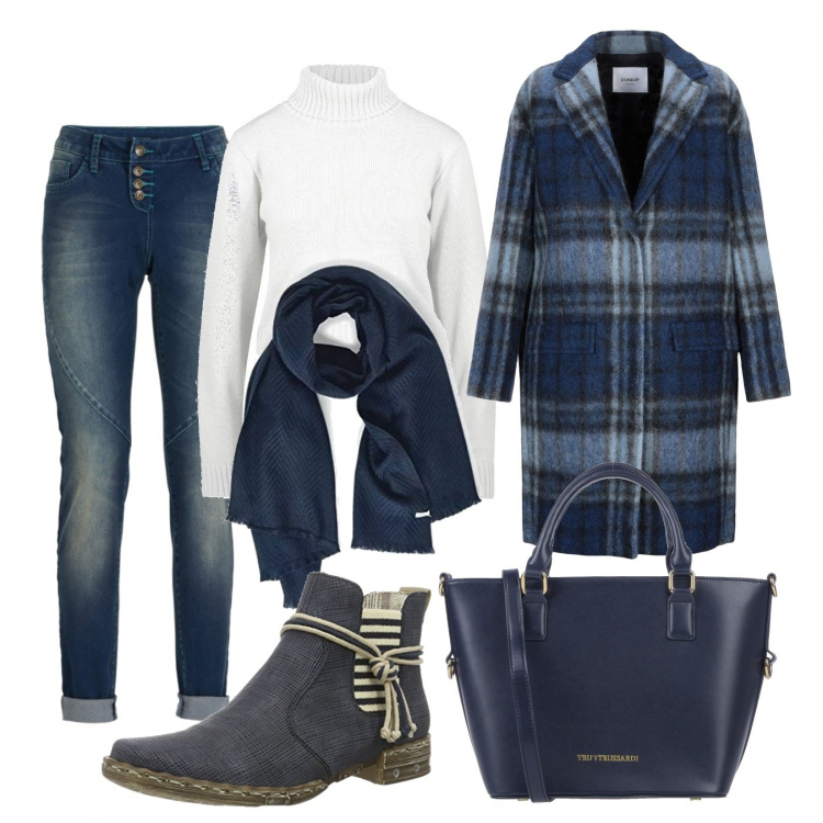 Outfit donna - Basic #8656. Stile Basic per Tutti i giorni. Abbinamento con jeans boyfriend, cappotti, borsa a mano, maglione crop bianco, sciarpe, stivali chelsea blu.