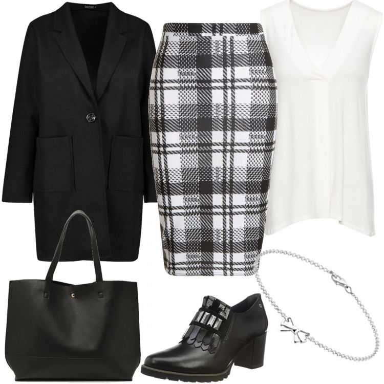 Outfit donna - Longuette. Stile Bon Ton per Ufficio. Abbinamento con top, gonna longuette, cappotto petite wrap nero, borse tote, stivaletti, braccialetti.