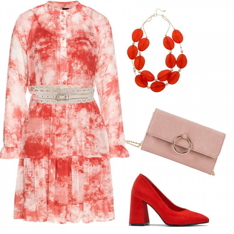 Outfit donna - Red!!. Stile Bon Ton per Cerimonia. Abbinamento con cappotti, vestiti corti, reggiseni a balconcino, décolleté, collane.