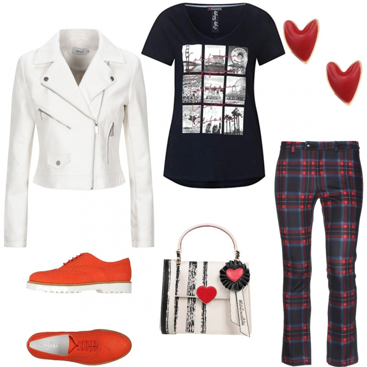 Outfit donna - Softrock. Stile Rock per Scuola/Università. Abbinamento con scarpe stringate, pantalone wide leg fantasia con zip jersey, borsa a tracolla, cappotti, orecchini, t-shirt.
