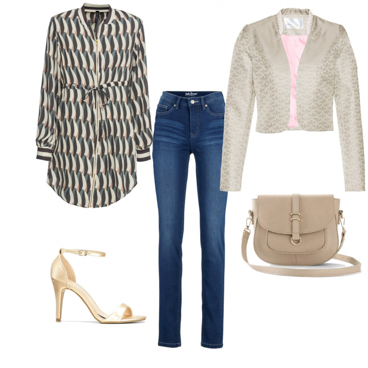 Outfit donna - Voglia di primavera. Stile Urban per Tutti i giorni. Abbinamento con jeans slim fit, tuniche, bolero, sandali, borse a tracolla.