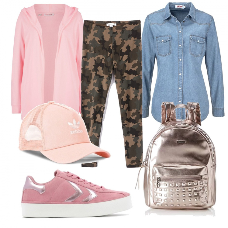 Outfit donna - Tempo libero. Stile Trendy per Tutti i giorni. Abbinamento con camicie, felpe, leggings, scarpe rosa, cappello, zaino.