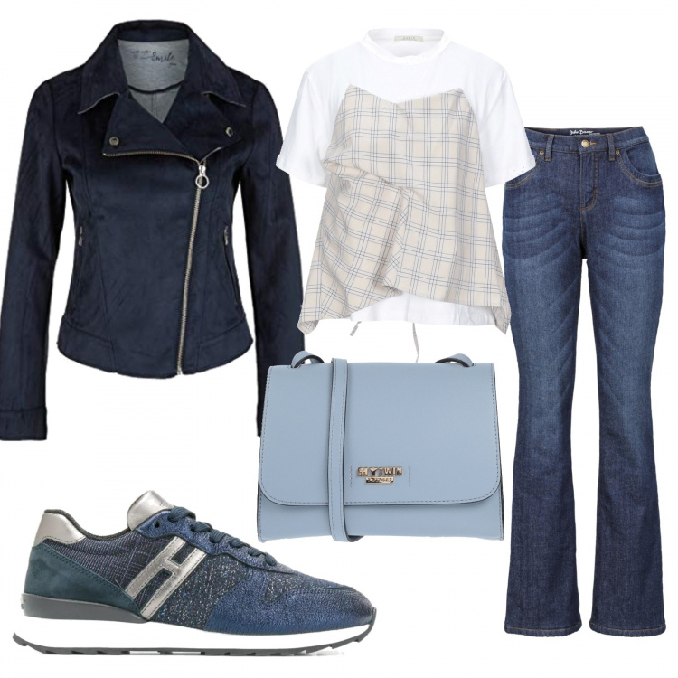 Outfit donna - Basic #8730. Stile Basic per Tutti i giorni. Abbinamento con jeans bootcut, t-shirt, borse a tracolla, sneakers, blazer.
