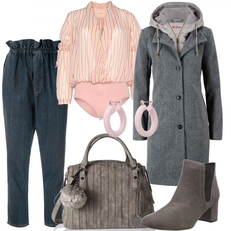 Outfit donna - Il cappotto corto. Stile Trendy per Ufficio. Abbinamento con cappotti, camicie, orecchini, jeans taglio dritto vita alta crop in denim blu, stivaletti chelsea, borse a tracolla.