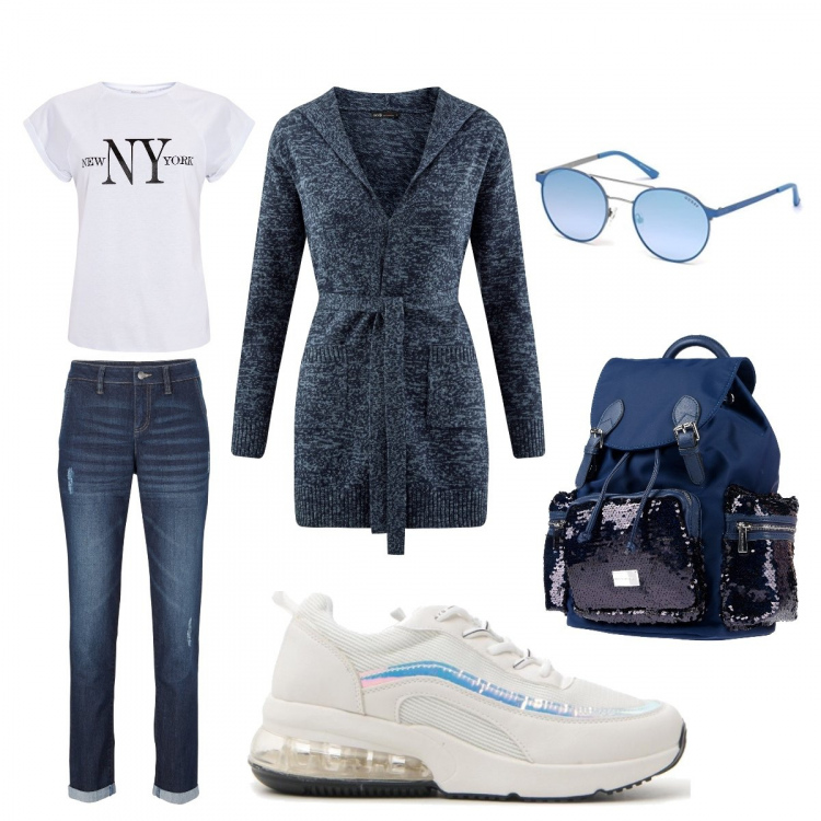 Outfit donna - Maxi cardigan +sneakers. Stile Basic per Tutti i giorni. Abbinamento con jeans boyfriend, zaini, cardigan a coste con cappuccio e cinturino aderente blu, sneakers, t-shirt, occhiali da sole.