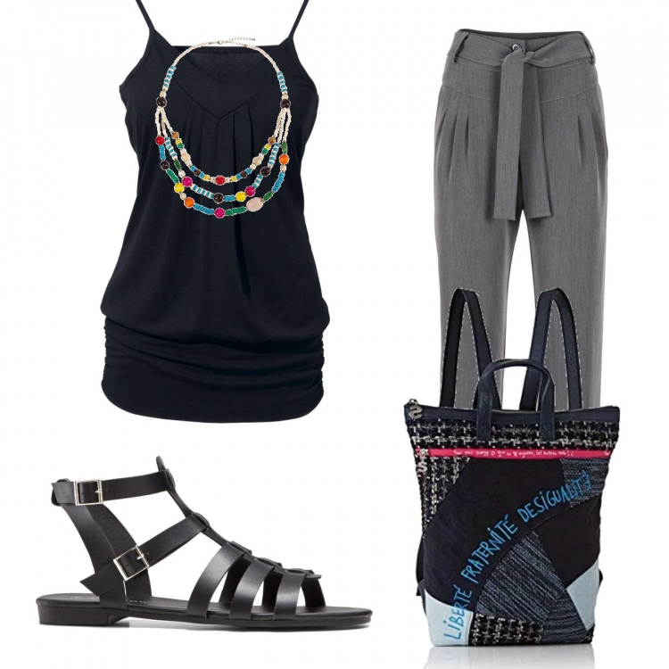 Outfit donna - Basic #8770. Stile Basic per Tutti i giorni. Abbinamento con top, pantaloni, collane, sandali, borsa.