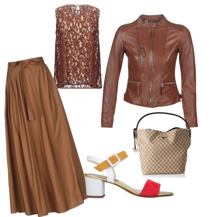 Outfit donna - Urban #7180. Stile Urban per Tutti i giorni. Abbinamento con gonne lunghe, top, sandali col tacco, blazer, borsa tote.