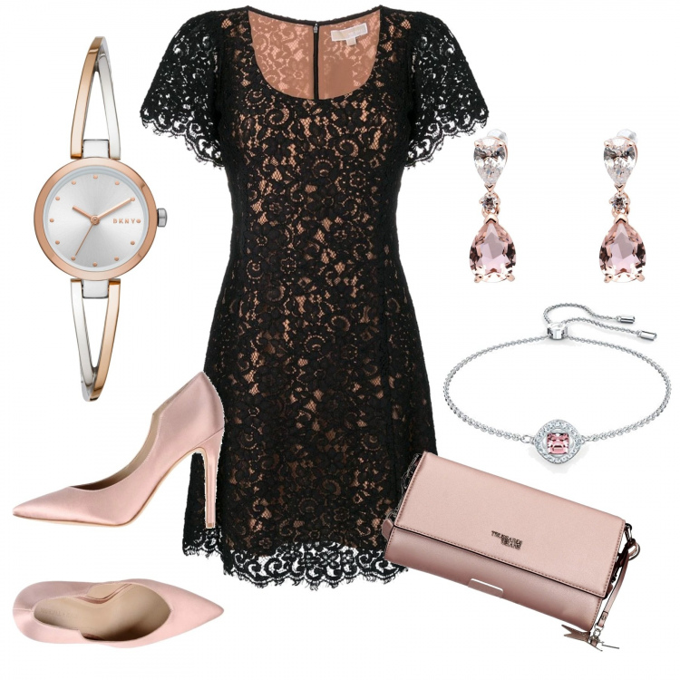 Outfit donna - Vestito di pizzo. Stile Chic per Cerimonia. Abbinamento con décolleté, orecchini, orologi, borsa a mano, vestito, braccialetti.