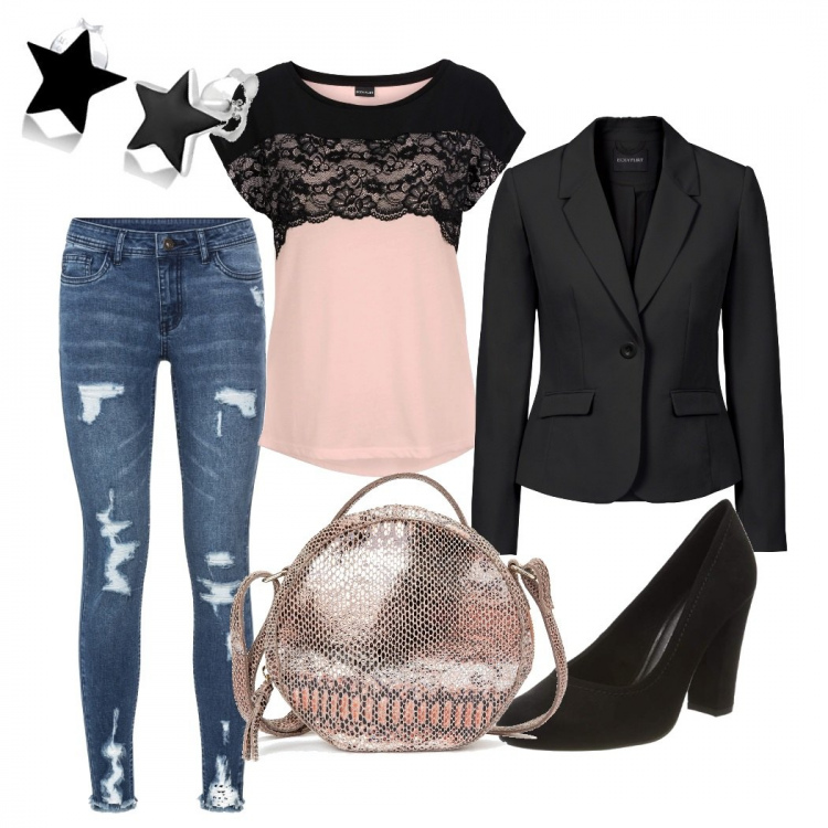 Outfit femme - Rock #2079. Style Rock Assortir avec t-shirts, blazers, jean déchiré, chaussures à talons, sacs à main, boucles d'oreilles.