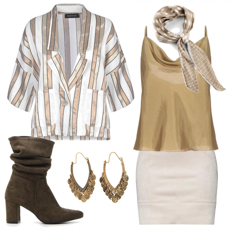 Outfit donna - Mini Chic. Stile Chic per Serata fuori. Abbinamento con gonne longuette, top, giacca, orecchini, minigonne, stivaletti.