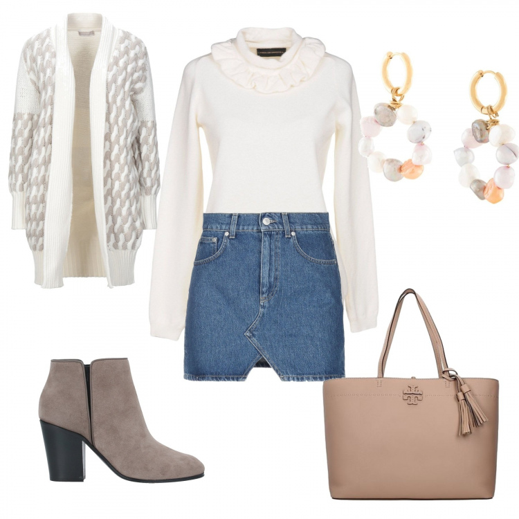 Outfit donna - Minigonna e stivaletti. Stile Trendy per Tutti i giorni. Abbinamento con cardigans, gonna, stivaletti, borsa a spalla, orecchini.