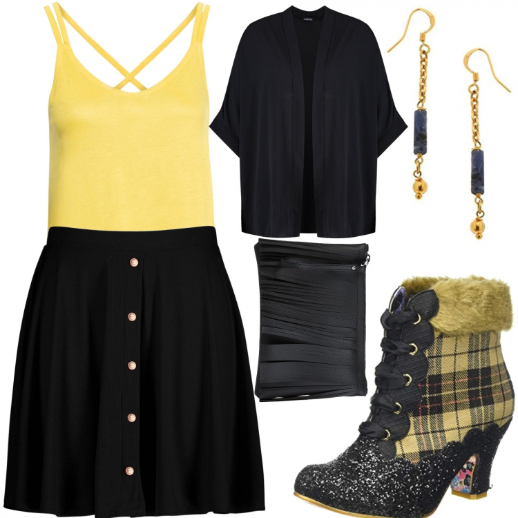 Outfit donna - Irregular yellow. Stile Urban per Tutti i giorni. Abbinamento con top, borse a mano, cardigan, minigonna, stivaletti, orecchini.