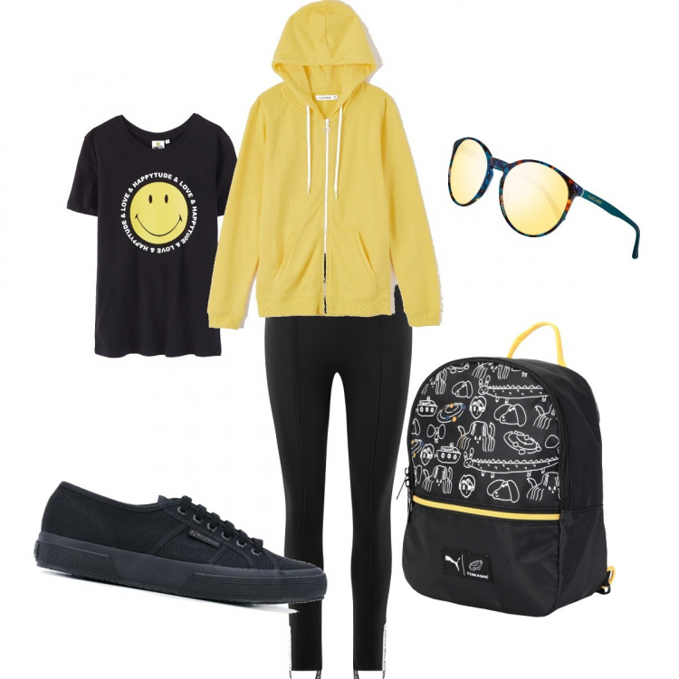 Outfit donna - Sport in città. Stile Basic per Sport. Abbinamento con zaini, felpe con cappuccio, t-shirt, sneakers, leggings, occhiali da sole.
