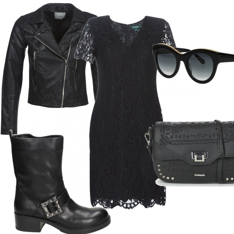Outfit donna - Rock ma romantica. Stile Rock per Serata fuori. Abbinamento con occhiali da sole, vestiti corti, blazer, borsa a tracolla nero, stivali.
