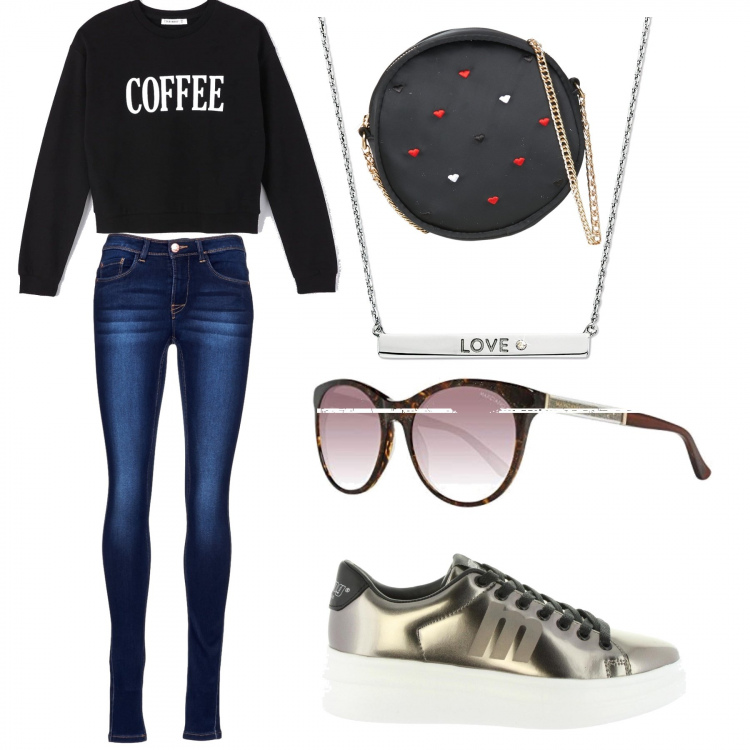 Outfit donna - Good morning world. Stile Urban per Scuola/Università. Abbinamento con felpe, jeans, borsa a tracolla, scarpa sportiva, occhiali da sole, collane.