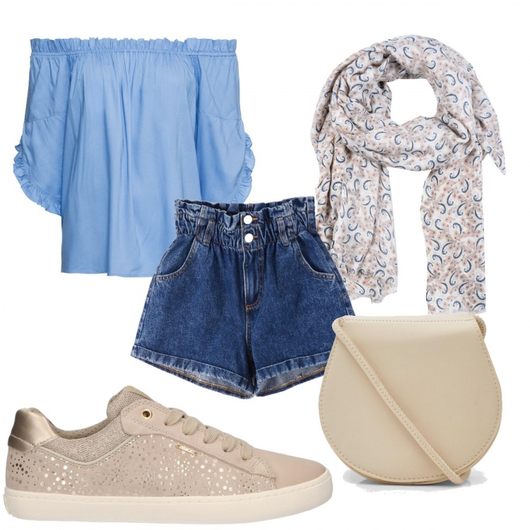 Outfit donna - Gita con la famiglia. Stile Basic per Tutti i giorni. Abbinamento con scaldacollo, bluse, borsa a tracolla, shorts, sneakers.