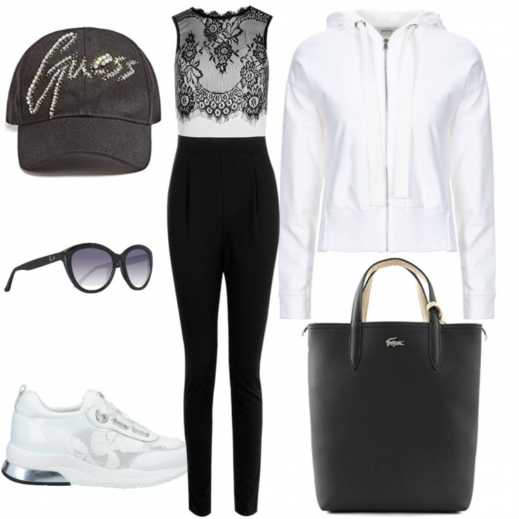 Outfit donna - Jumpsuit in pizzo versione casual. Stile Urban per Serata fuori. Abbinamento con sneakers, felpe con cappuccio, tuta, borse a spalla, occhiali da sole, cappelli con visiera.