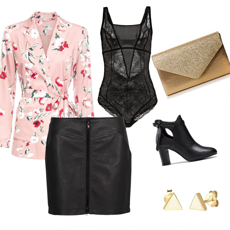 Outfit femme - Pink flowers. Style Sexy pour Soirée dehors. Assortir avec serre-têtes, bottines, minijupes, bodies, porte-jarretelles et nuisettes, boucles d'oreilles, pochette.