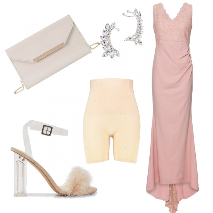 Outfit donna - Kate Winslet style. per Cerimonia. Abbinamento con pochette, vestito lungo, orecchini, shorts, scarpa col tacco.