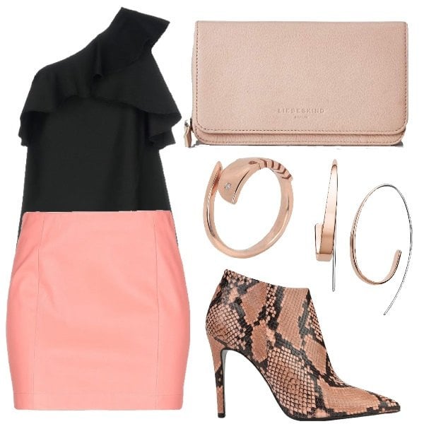 Outfit mujer - Minifalda + botines. Estilo Sexy para Noche/Fiesta elegante. Combinación con clutch, botines, pendientes, minifaldas, top, anello con strass.