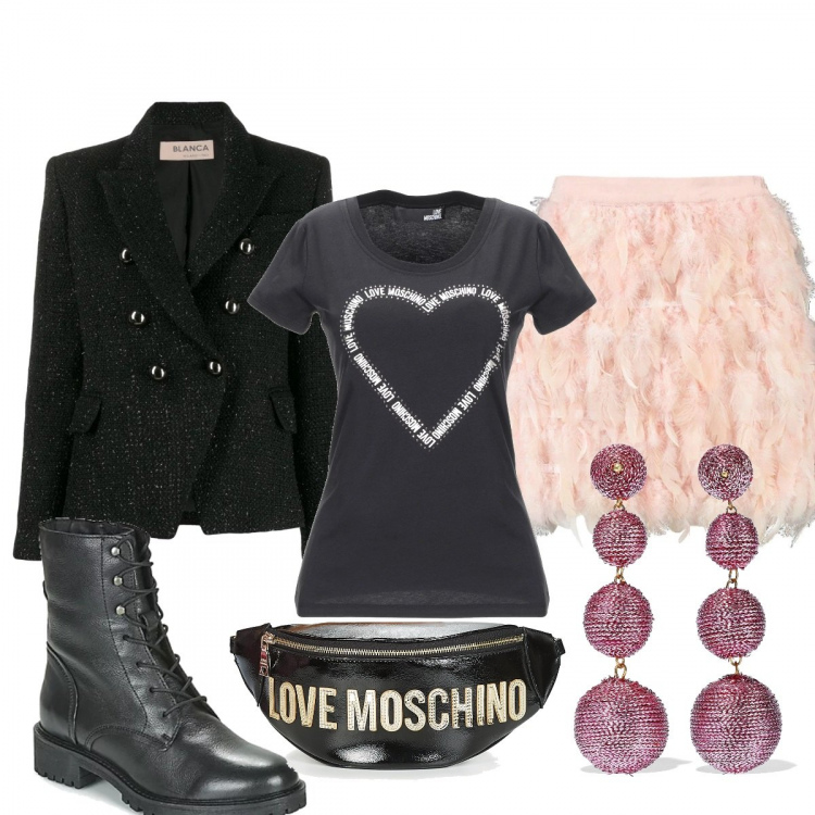 Outfit donna - Mini di tulle stivaletto e doppiopetto. Stile Trendy per Serata fuori. Abbinamento con t-shirt, orecchini, minigonna, stivaletti, borsa, giacca doppiopetto taglio dritto a maniche lunghe con polsini nero.