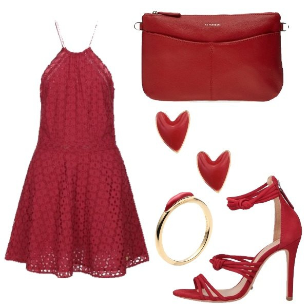 Outfit mujer - Tendencia encaje. Estilo Sexy para Noche/Fiesta elegante. Combinación con clutch rosso, vestidos cortos, stiletti, pendientes, anello oro.