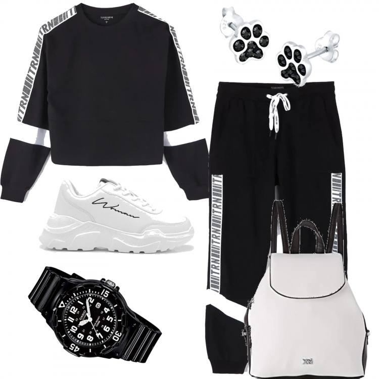 Outfit donna - Al mercatino a fare la spesa. Stile Urban per Tutti i giorni. Abbinamento con pantalone lungo, felpa sportiva, scarpa sportiva, zaini, orologi analogici, orecchini.