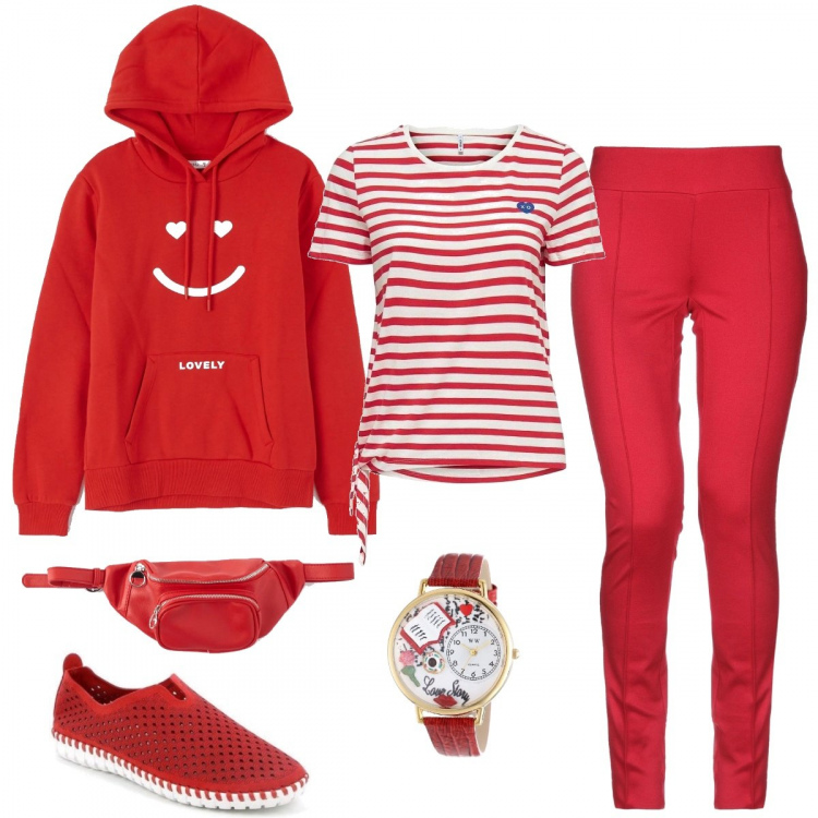 Outfit donna - Un amore di felpa. Stile Basic per Tutti i giorni. Abbinamento con pantalone lungo, felpa con cappuccio, marsupi, top, scarpa, orologi.