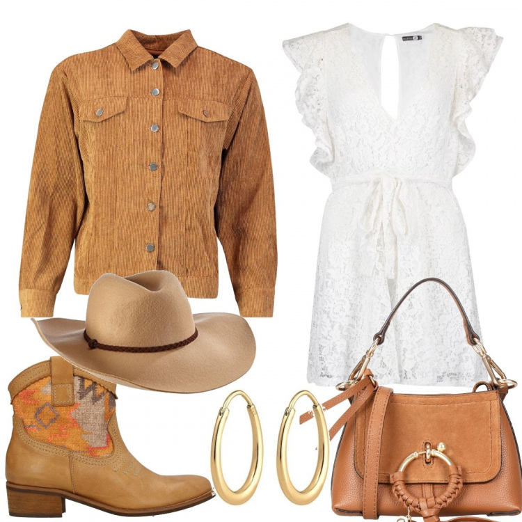 Outfit donna - Come una cow girl. Stile Etnico per Tutti i giorni. Abbinamento con borse a spalla, stivaletti, vestiti, blazer, cappelli, orecchini.