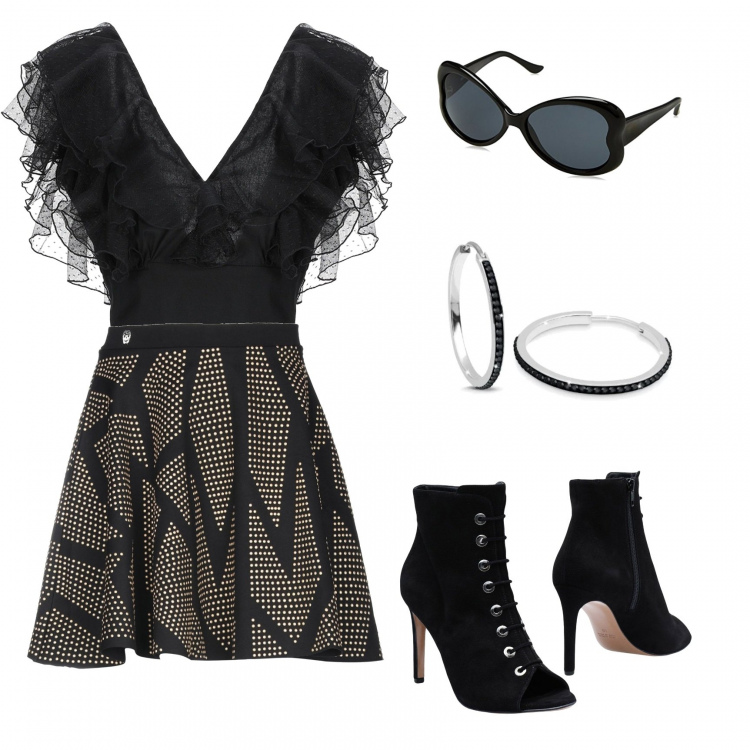 Outfit mujer - Basic #8786. Estilo Basic para Noche/Fiesta elegante. Combinación con pendientes, gafas de sol y monturas para gafas graduadas nero, top, gonna jersey, stiletti.