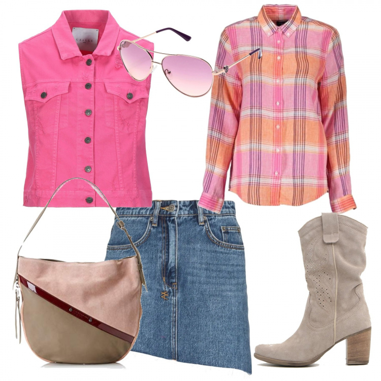 Outfit donna - Cowgirl con minigonna e stivaletti. Stile Basic per Tutti i giorni. Abbinamento con blazer, occhiali da sole, gonna, stivaletti, shopping bag con zip beige, camicie.