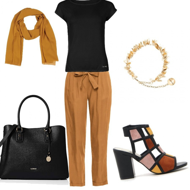 Outfit donna - Direzione centro. Stile Basic Abbinamento con stola, shopping bag, braccialetto, sandali, t-shirt sportiva, borsa a spalla.